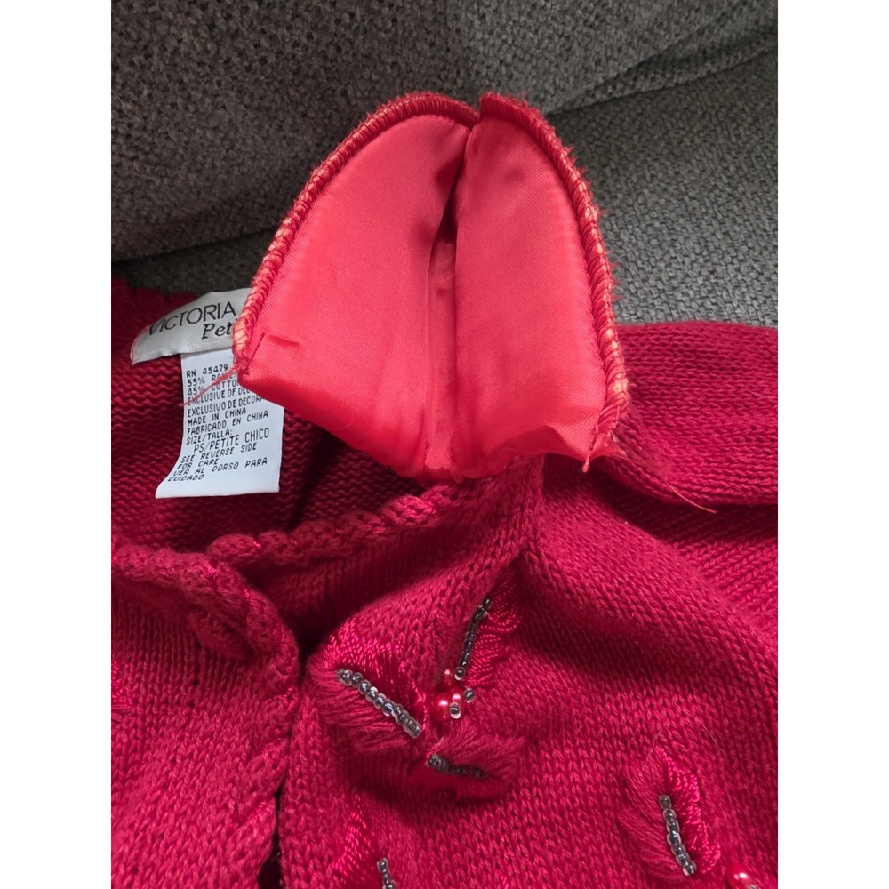 Victoria Jones Petite Red Beaded Embroidered Cardigan Sweater PS Vintage - Picture 10 of 12